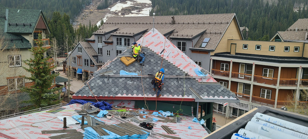 A large roofing installation mid-procedure.